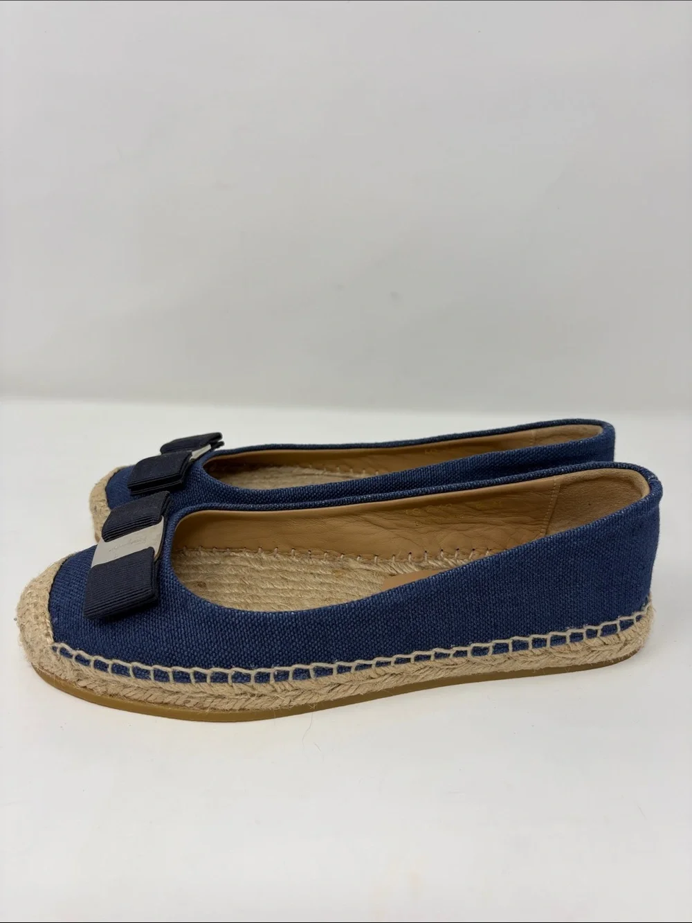 Salvadore Ferragamo Navy Canvas Espadrille Flats with Bow Accent Size 8
